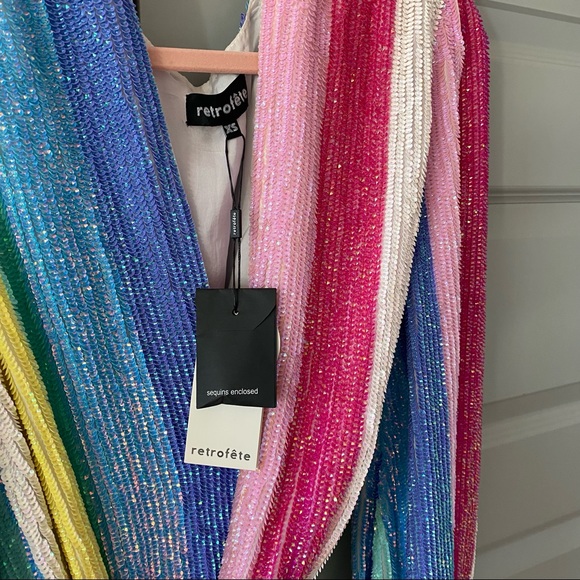 Retrofete Gabrielle NWT Robe Wrap Dress Unicorn Stripe Rainbow Sequin - Picture 9 of 12